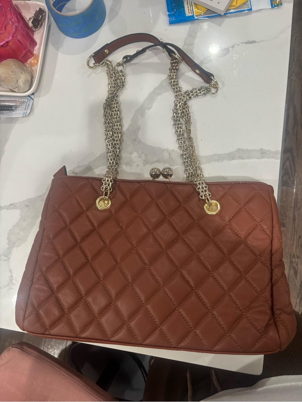 Quilted Chain-Handle Women’s Shoulder Bag - Brown